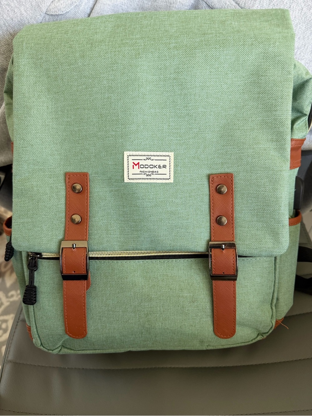 Modoker Sage Green Laptop Backpack Travel School Bag Brown Trim